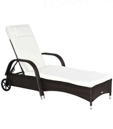 Outdoor Rattan Sun Lounger Brown Steel Frame Polyester 200L x 73W x 72-103H cm