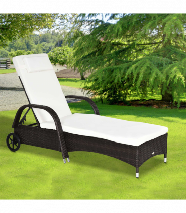Outdoor Rattan Sun Lounger Brown Steel Frame Polyester 200L x 73W x 72-103H cm