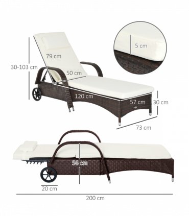 Outdoor Rattan Sun Lounger Brown Steel Frame Polyester 200L x 73W x 72-103H cm