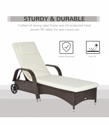 Outdoor Rattan Sun Lounger Brown Steel Frame Polyester 200L x 73W x 72-103H cm