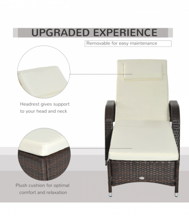 Outdoor Rattan Sun Lounger Brown Steel Frame Polyester 200L x 73W x 72-103H cm