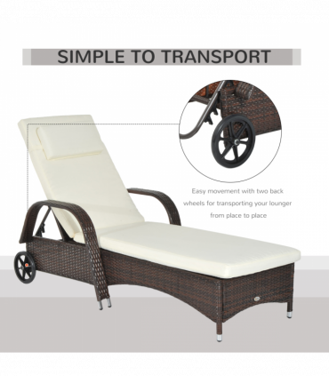 Outdoor Rattan Sun Lounger Brown Steel Frame Polyester 200L x 73W x 72-103H cm