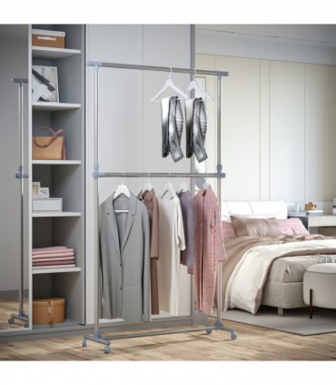 Clothes Hanger W/Wheels, Heavy Duty-Silver/Grey