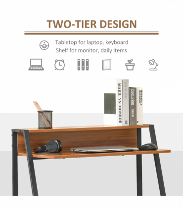 Computer Table, 84Lx45Wx85H cm-Walnut Colour, Two-tier design, Steel Frame