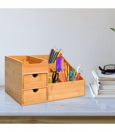Desktop Organiser Bamboo Natural wood finish 33L x 20.5W x 15.5Hcm
