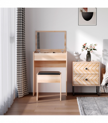 Dressing Table Set with Mirror & Stool-Wood 60.2cmx40.2cmx79cm Wood Grain