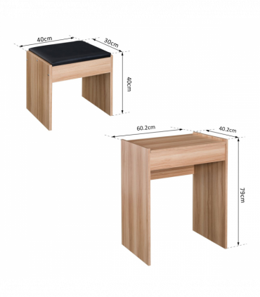 Dressing Table Set with Mirror & Stool-Wood 60.2cmx40.2cmx79cm Wood Grain