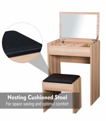 Dressing Table Set with Mirror & Stool-Wood 60.2cmx40.2cmx79cm Wood Grain