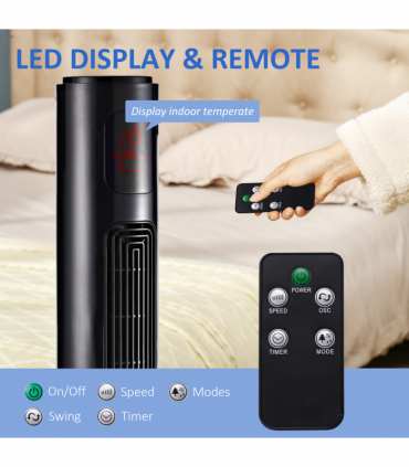 Fan Tower 32x96H cm Black Oscillating 3 Speeds 3 Modes 70-degree LED Panel Timer