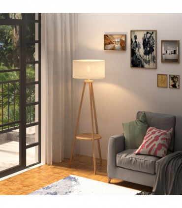 Floor Lamp, 154H cm-Beige/Natural Wood Colour