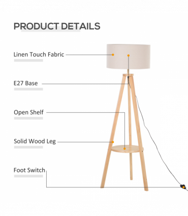 Floor Lamp, 154H cm-Beige/Natural Wood Colour