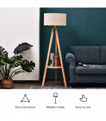 Floor Lamp, 154H cm-Beige/Natural Wood Colour