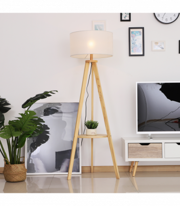 Floor Lamp, 154H cm-Beige/Natural Wood Colour