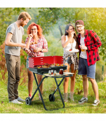 Foldable Charcoal Barbecue Grill W/ Wheels-Red & Black