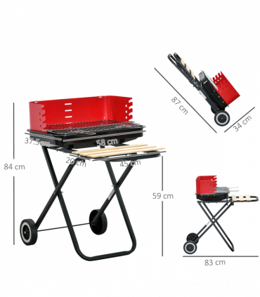 Foldable Charcoal Barbecue Grill W/ Wheels-Red & Black