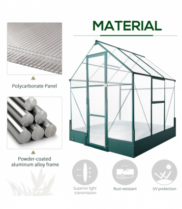 Greenhouse Polycarbonate Transparent Green 190cm x 190cm x 220cm Walk-in