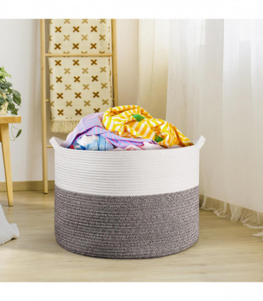 Cotton Rope Laundry Basket WHT & NATURAL 56 x 35.5cm - Natural Hand-Woven Basket