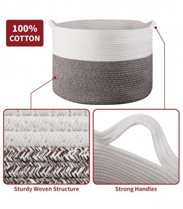 Cotton Rope Laundry Basket WHT & NATURAL 56 x 35.5cm - Natural Hand-Woven Basket