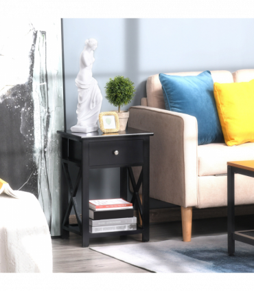 MDF 2-Tier Side Table w/ Drawer Black