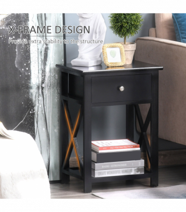 MDF 2-Tier Side Table w/ Drawer Black
