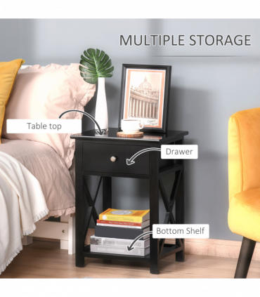 MDF 2-Tier Side Table w/ Drawer Black