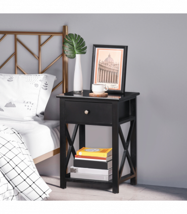 MDF 2-Tier Side Table w/ Drawer Black