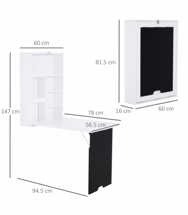 MDF Folding Wall-Mounted Drop-Leaf Table White and Black 65cm x 94.5cm x 147cm