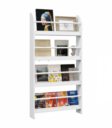 MDF Wall-Mounted 4-Tier Magazine Shelf Rack - White, 59cm x 12cm x 113cm