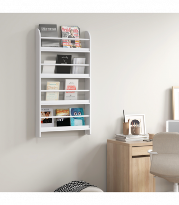 MDF Wall-Mounted 4-Tier Magazine Shelf Rack - White, 59cm x 12cm x 113cm