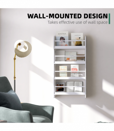 MDF Wall-Mounted 4-Tier Magazine Shelf Rack - White, 59cm x 12cm x 113cm