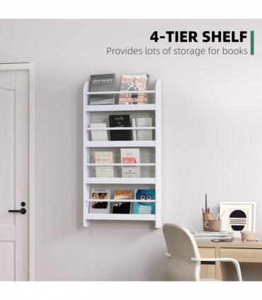 MDF Wall-Mounted 4-Tier Magazine Shelf Rack - White, 59cm x 12cm x 113cm