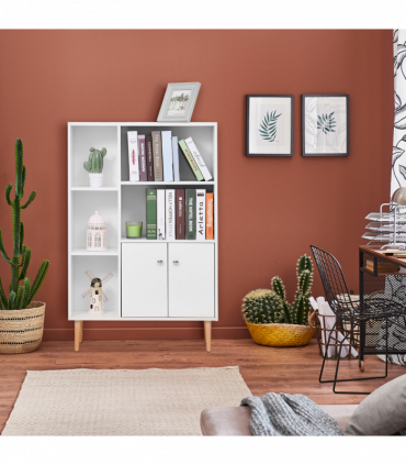 Open Bookcase Cabinet Shelves W/ Two Doors, 80W x 23.5D x 118Hcm-White