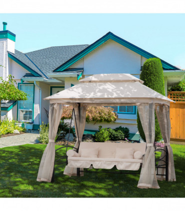 Outdoor 2-in-1 Convertible Swing Chair Bed 3 Seater Porch Cream White Steel