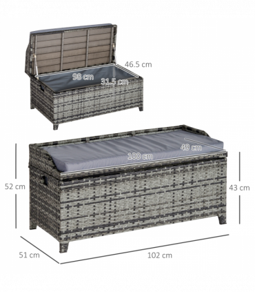 PE Rattan Bench Mixed Grey 102cmx51cmx52cm Wicker Storage Basket Seat