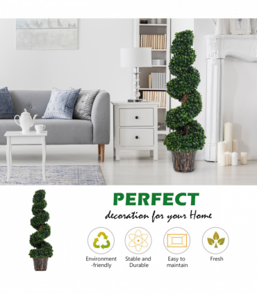 PE Set of 2 Artificial Boxwood Spiral Topiary Plant Tree's Green