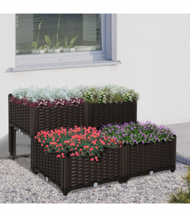 Raised Outdoor Garden Planter Box Brown Plastic 40cm x 40cm x 44cm PP Set Of 4