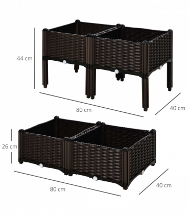 Raised Outdoor Garden Planter Box Brown Plastic 40cm x 40cm x 44cm PP Set Of 4