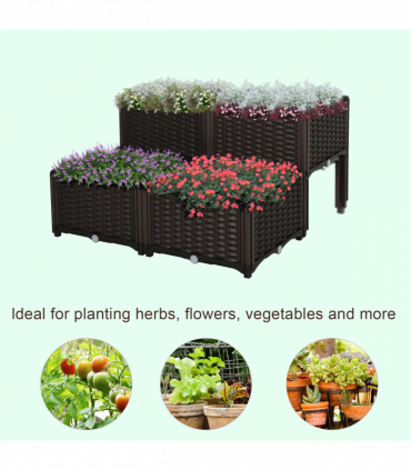 Raised Outdoor Garden Planter Box Brown Plastic 40cm x 40cm x 44cm PP Set Of 4