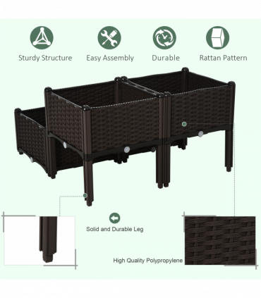 Raised Outdoor Garden Planter Box Brown Plastic 40cm x 40cm x 44cm PP Set Of 4