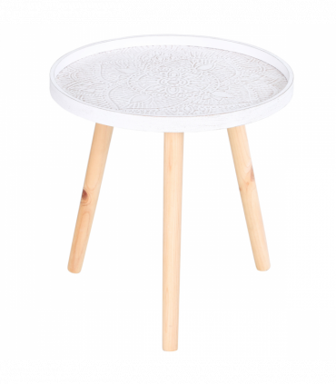 Pine Wood Floral Etched Side Table w/ Saucer Top White