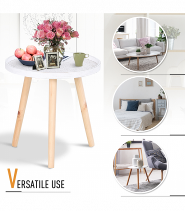 Pine Wood Floral Etched Side Table w/ Saucer Top White