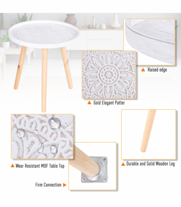 Pine Wood Floral Etched Side Table w/ Saucer Top White