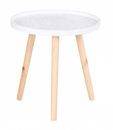 Pine Wood Floral Etched Side Table w/ Saucer Top White