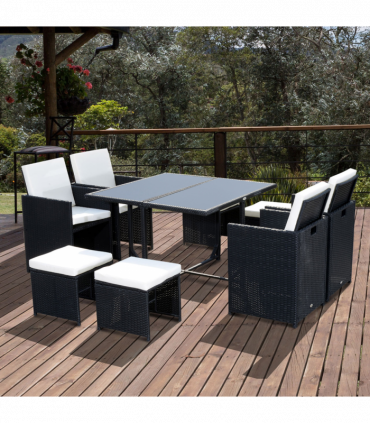 Rattan 9 Pcs Dining Set - Black W/Milk White Cushions
