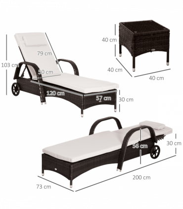 Rattan Recliner Lounger Set Brown PE Rattan 200cmx73cmx56cm Outdoor Furniture