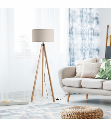 Wood Beige 45cm x 45cm x 152cm Rubber Wood Tripod Floor Lamp Beige