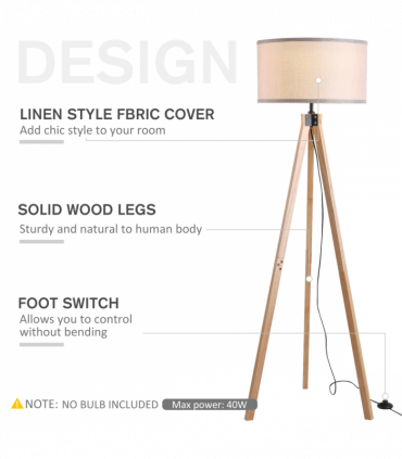 Wood Beige 45cm x 45cm x 152cm Rubber Wood Tripod Floor Lamp Beige