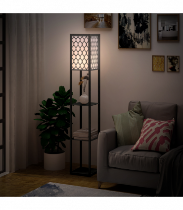 Floor Lamp 4-tier Open Shelves Wooden, 26L x 26W x 160Hcm-Black/White