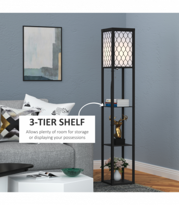 Floor Lamp 4-tier Open Shelves Wooden, 26L x 26W x 160Hcm-Black/White