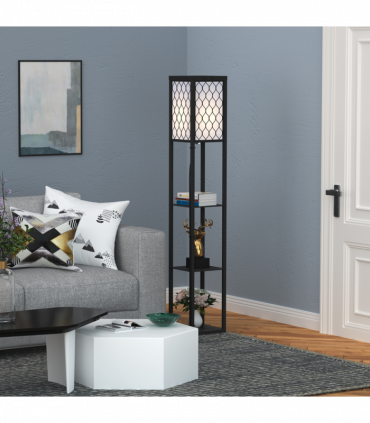 Floor Lamp 4-tier Open Shelves Wooden, 26L x 26W x 160Hcm-Black/White